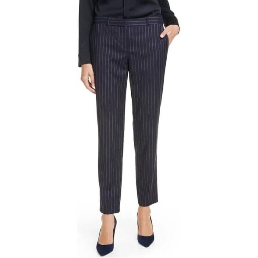 Boss Womens Striped Virgin Wool Tiluna Slim Suit Trouser Pants Pockets Navy Sz 4